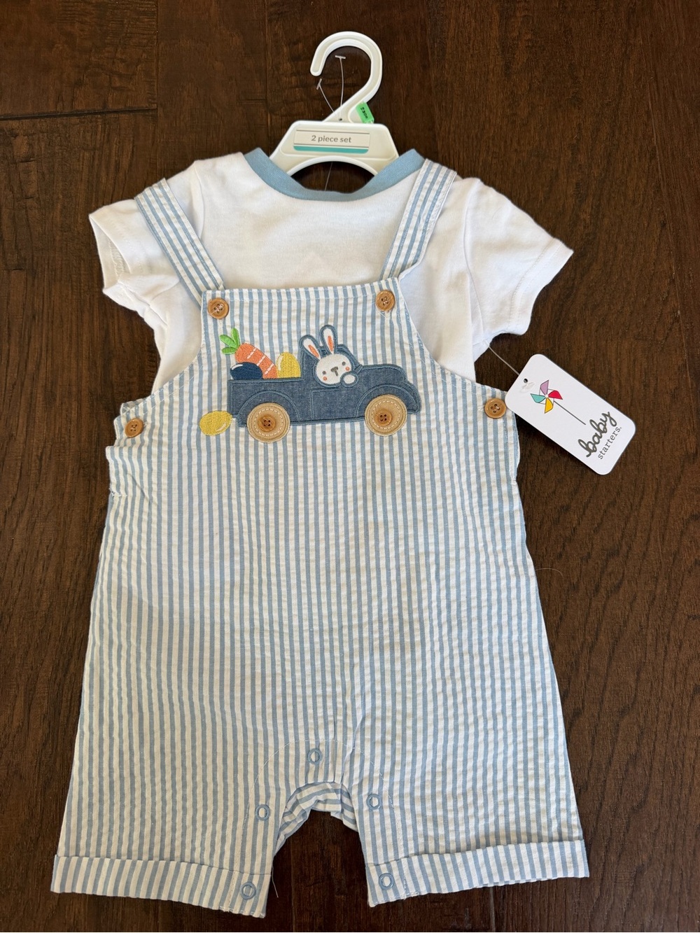 Baby Starters Light Blue & White Striped Bunny Truck Overalls Set